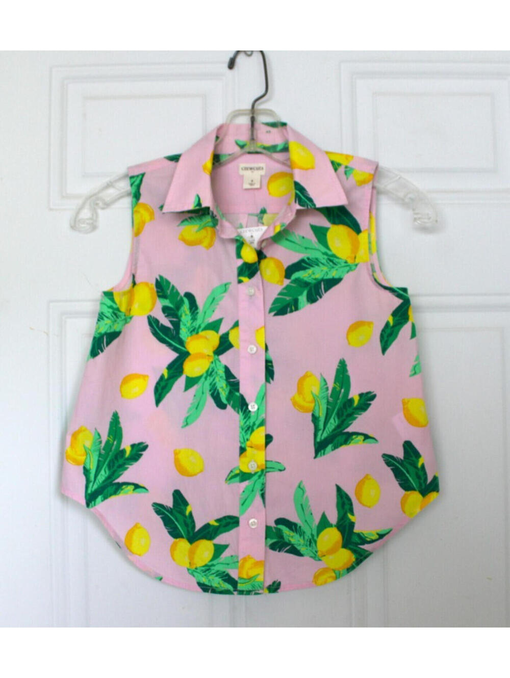 J Crew Crewcuts Girls' sleeveless tie-front button-up pink top with lemon Size 8